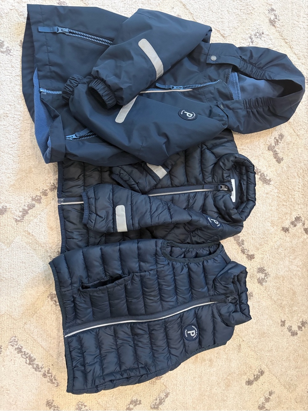 Polarn O. Pyret Navy 3-Piece Puffer Jacket, Raincoat & Puffer Vest Set